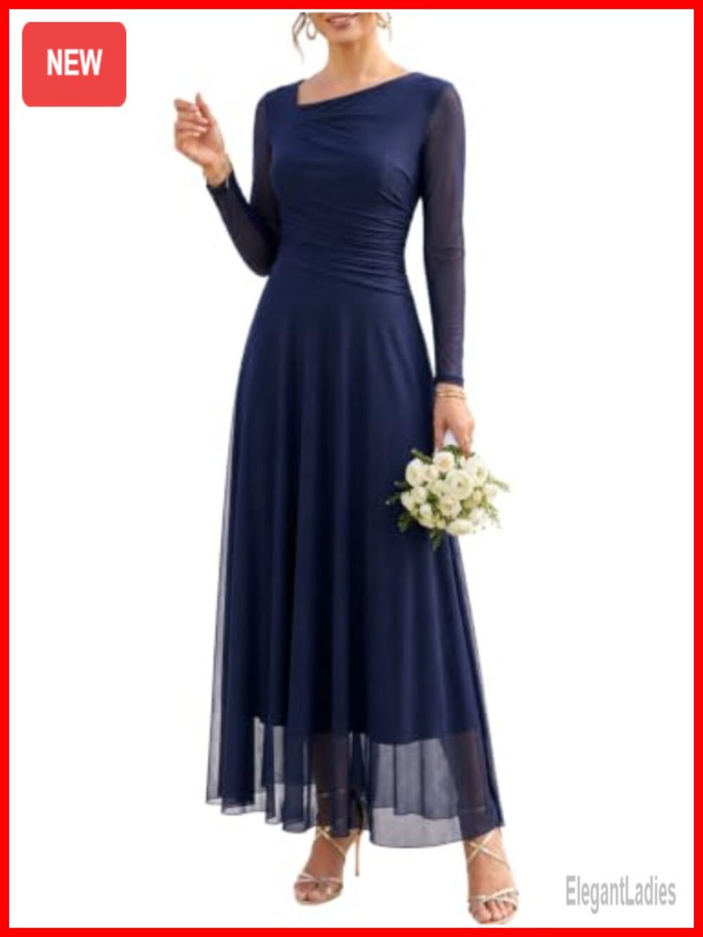 Long Sleeve Formal Maxi Dress Ruched Waist Mesh Wedding Guest